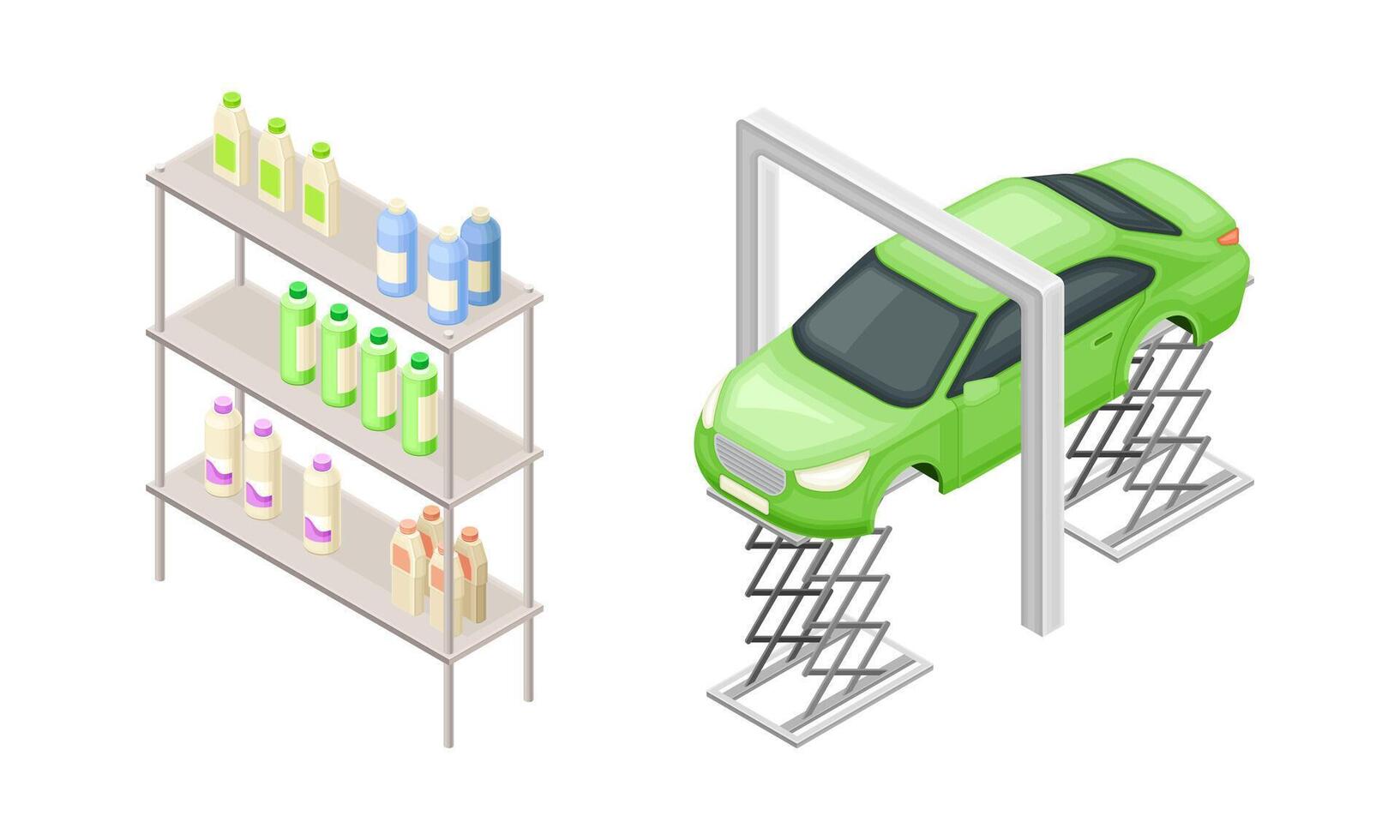 Auto maintenance service. Car lifted on auto lift and tow truck isometric illustration vector
