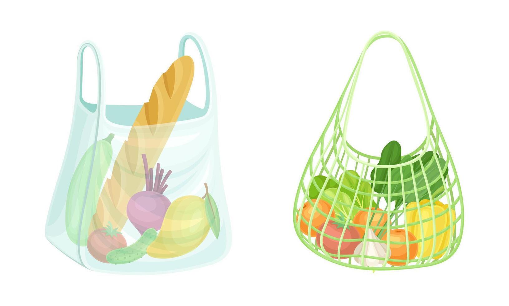 Reusable eco shopping net full of grocery products. Loaf bread, beetroot, tomato. Zero waste, plastic free concept illustration vector