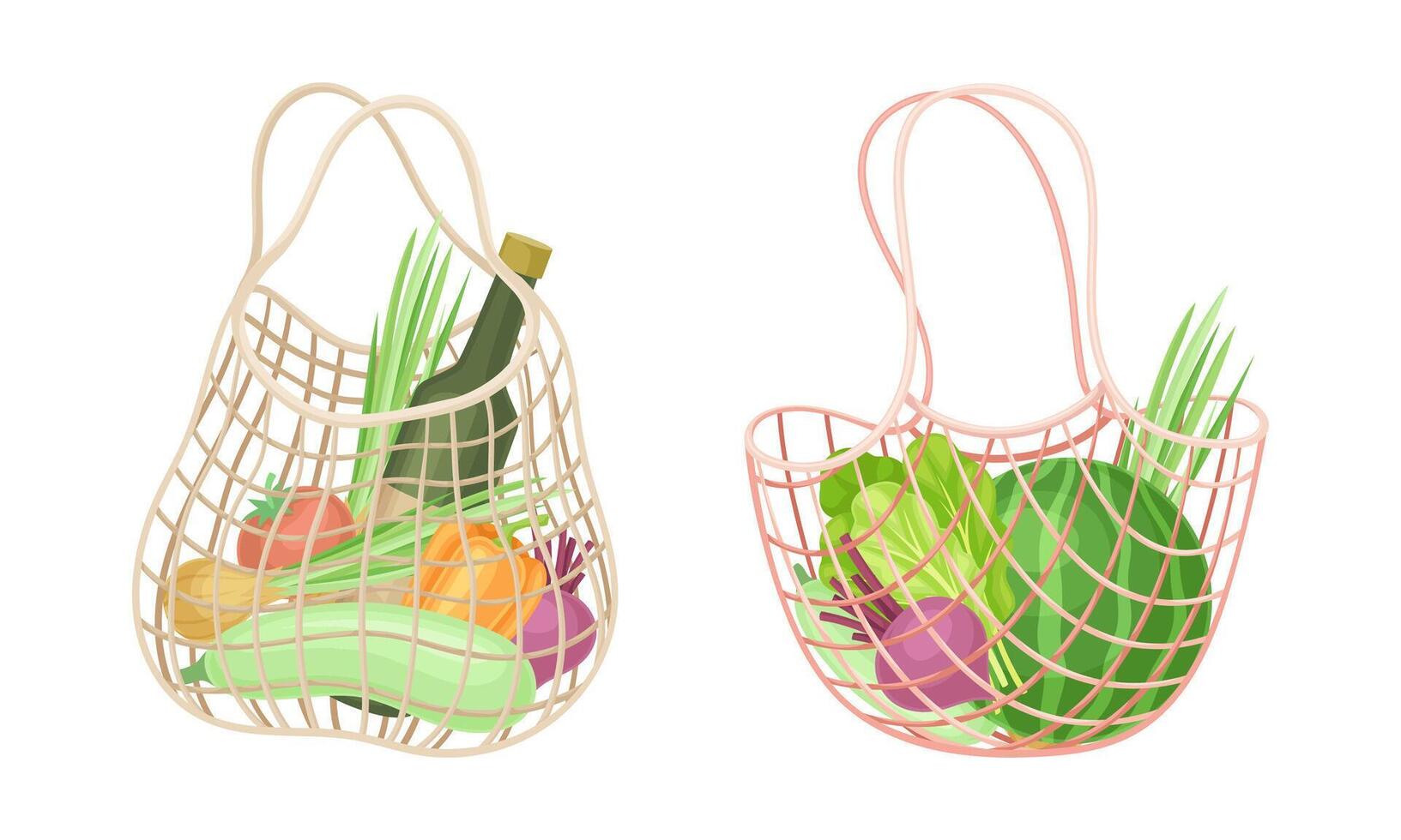 Reusable eco shopping net full of grocery products. Bottle of wine, watermelon, pepper, tomato, zucchini. Zero waste, plastic free concept illustration vector