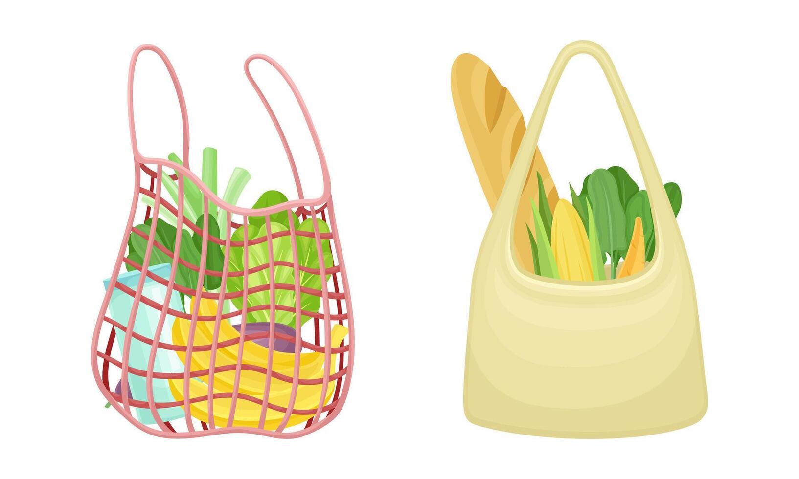 Reusable eco shopping bags full of grocery products set. Loaf bread, banana, corn cob, greenery. Zero waste, plastic free concept illustration vector