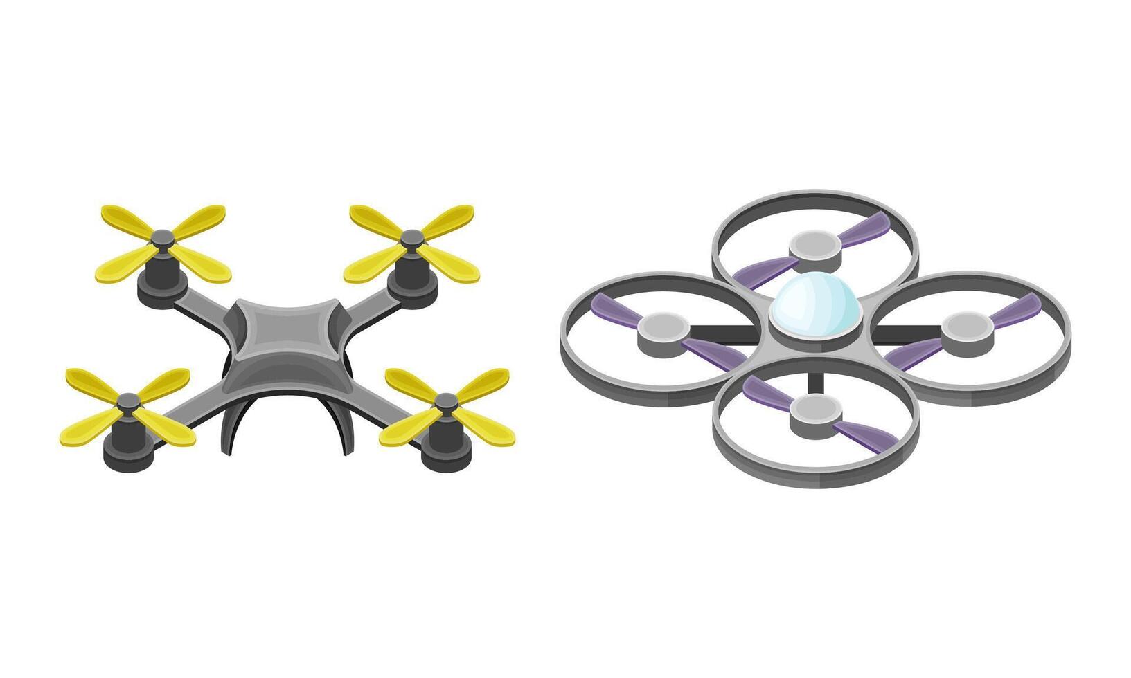 Unmanned aircrafts set, Drones and quadcopter modern wireless devices isometric illustration vector