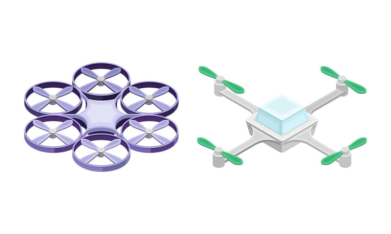 Drones set. Quadcopter, multicopter modern wireless devices isometric illustration vector