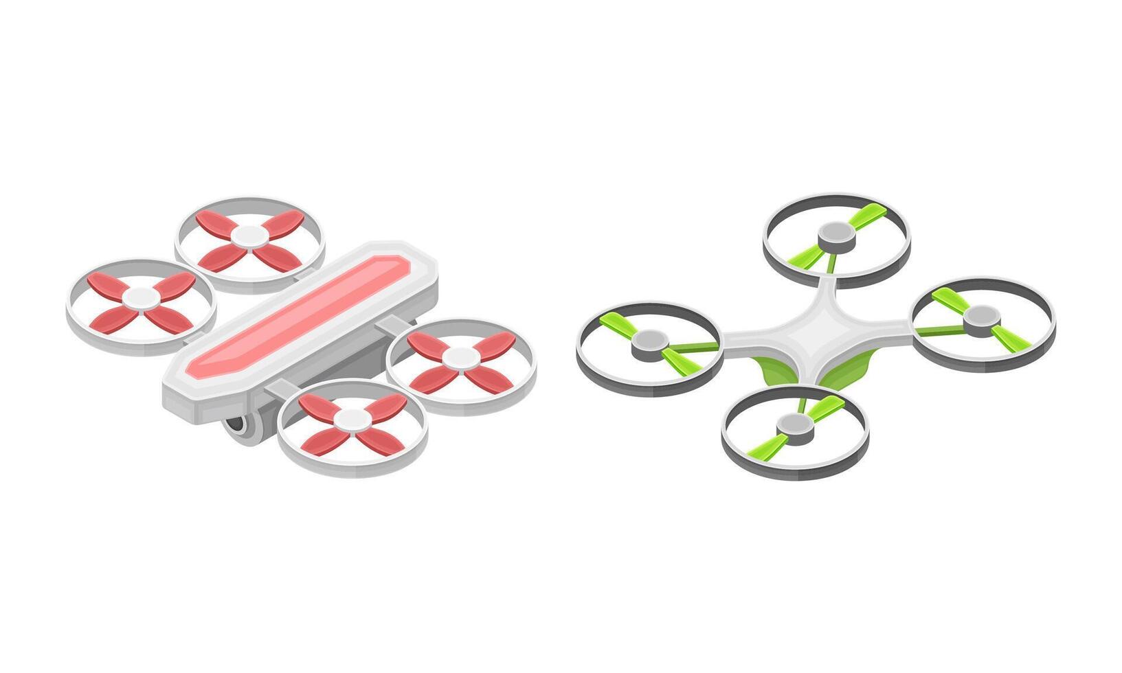 Drones set. Quadcopter, multicopter devices isometric illustration vector