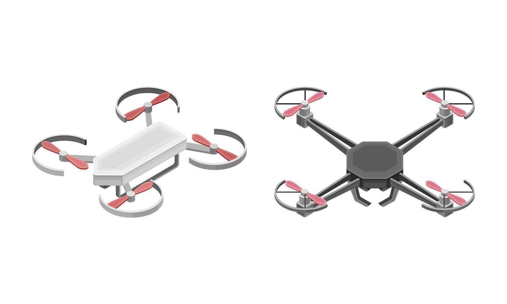 Unmanned aircraft drones, modern wireless devices set isometric illustration vector
