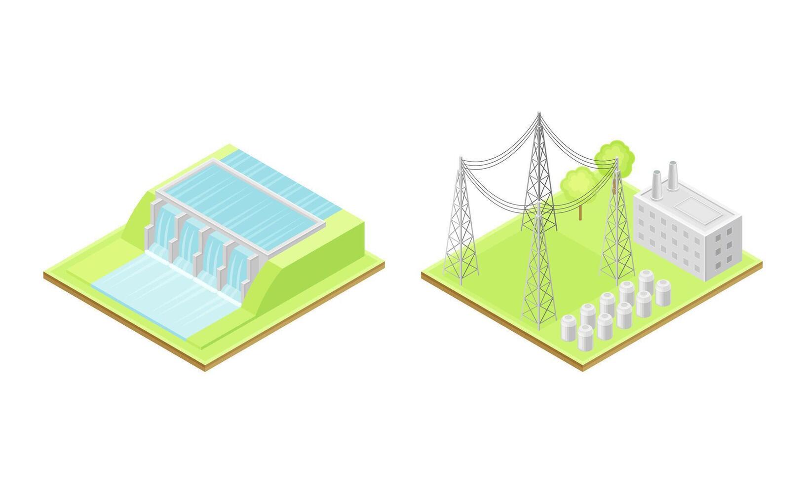 Electricity generation. Hydroelectric power station and high voltage electricity power transmission grid. Alternative sources isometric illustration vector
