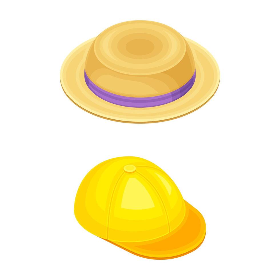 Straw hat and hard hat worker safety helmet isometric illustration vector