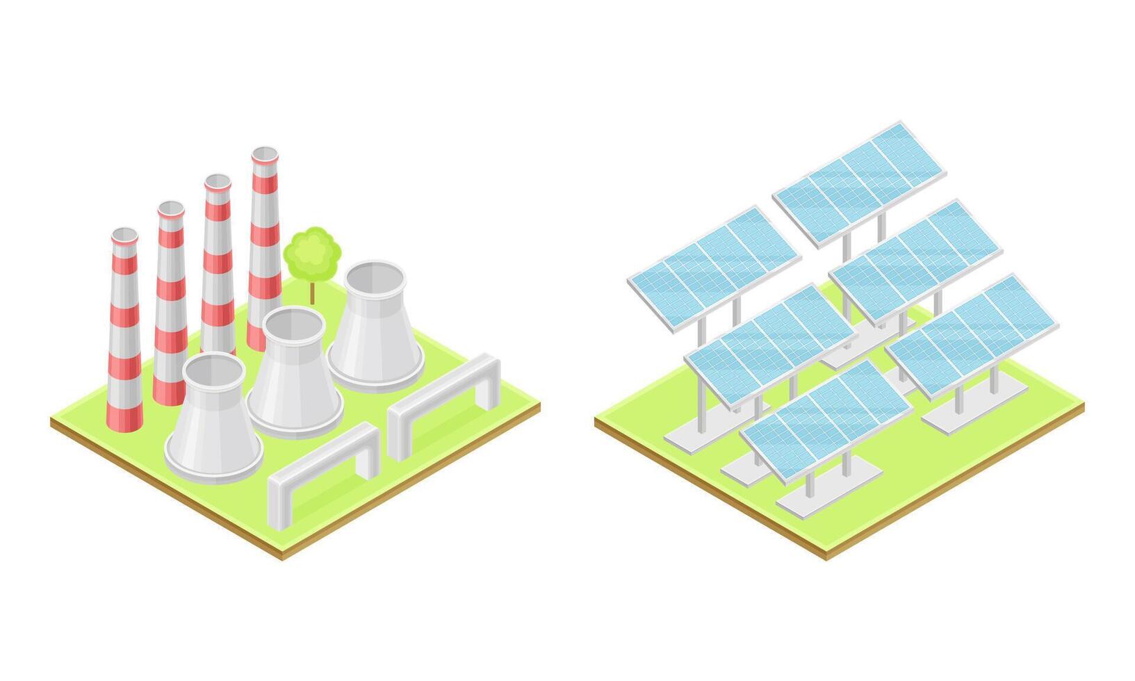Electricity generation. Power station and solar energy plant. Alternative sources isometric illustration vector