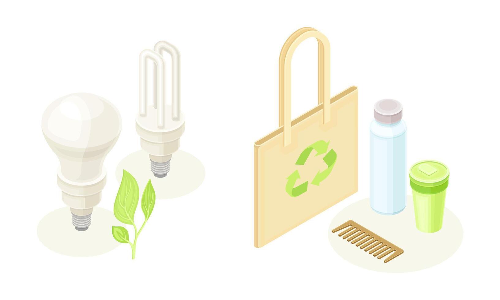 Ecology and green energy set. Replenishable resources and recyclable waste isometric illustration vector