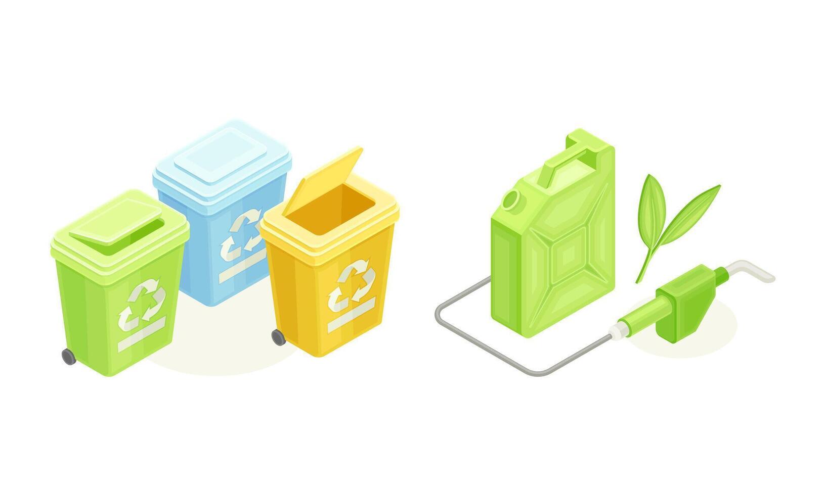 Renewable energy sources set. Replenishable resources and recyclable waste isometric illustration vector