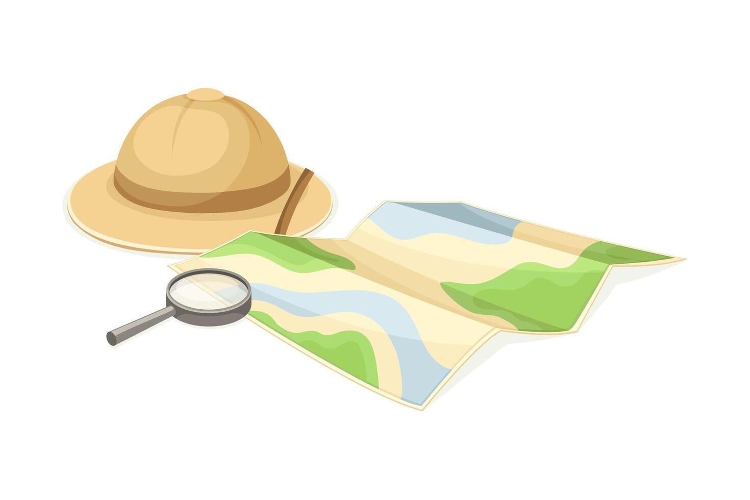 Expedition Map Depicting Geography and Route of Tourist Journey with Hat and Magnifying Glass Illustration vector