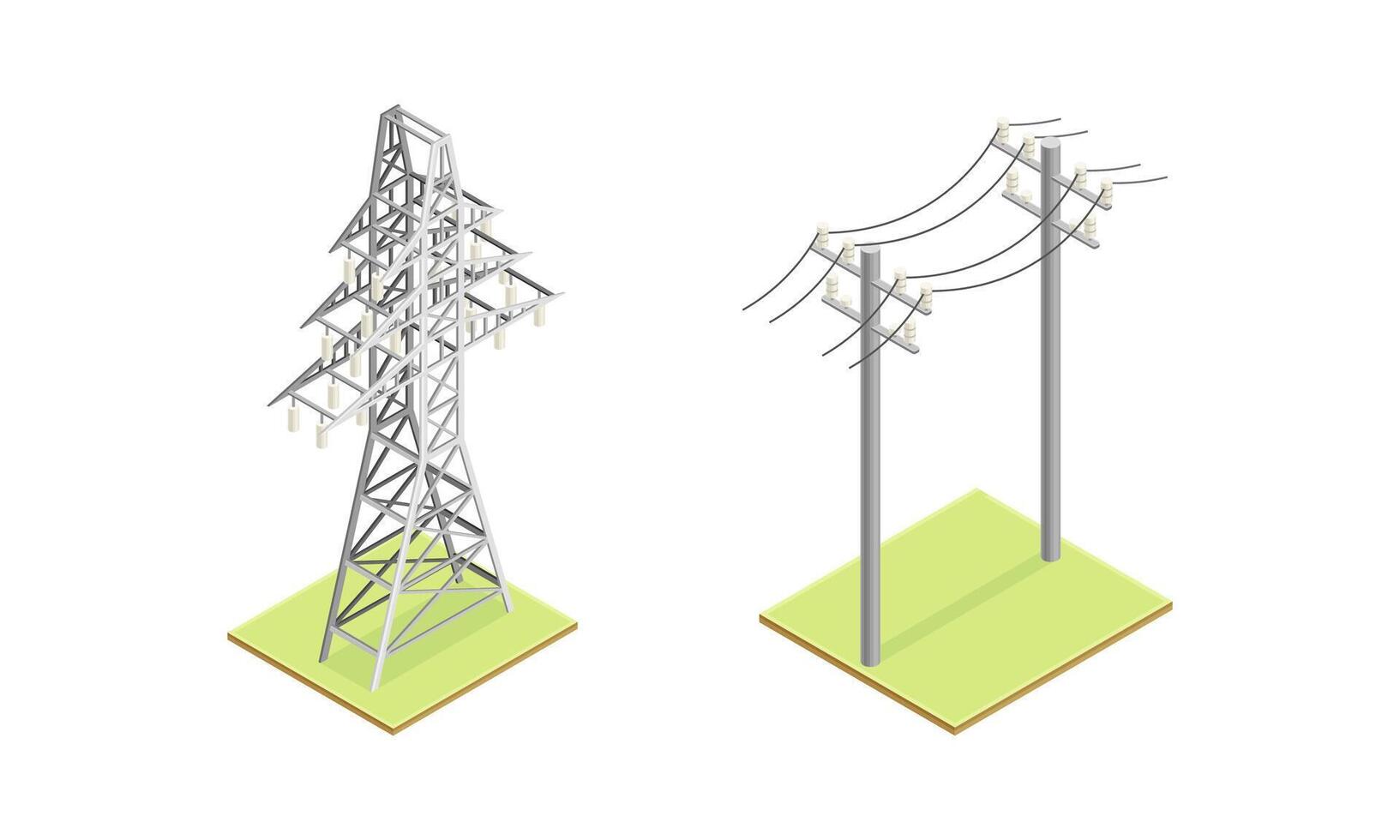 Electric power objects set. High voltage electricity power transmission grid isometric illustration vector