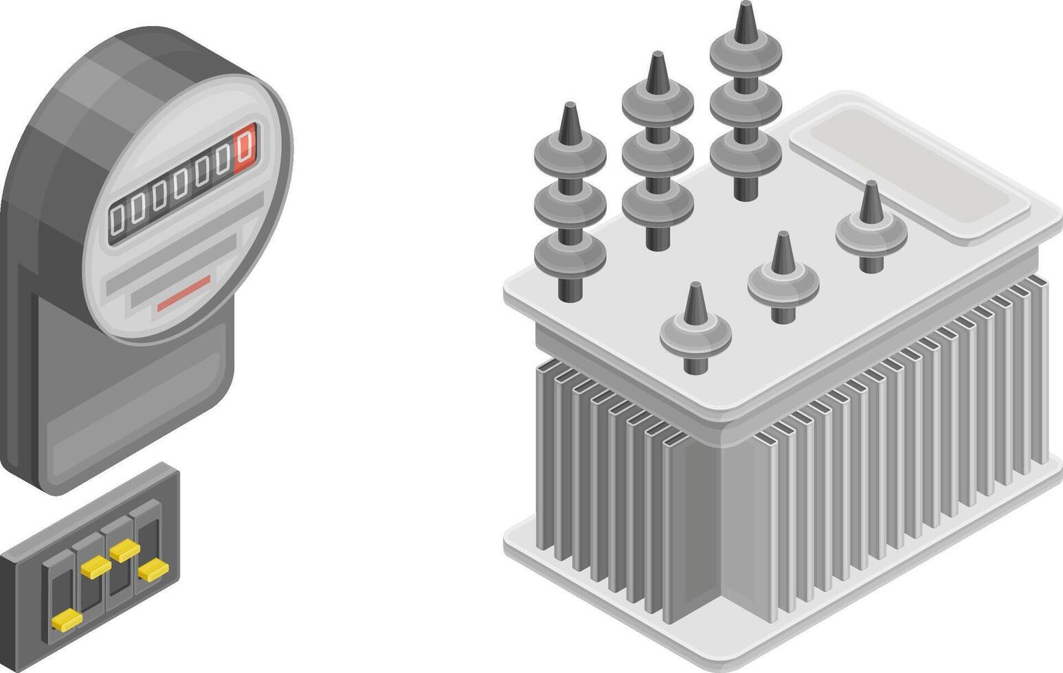 Electric power objects set. Electricity and energy equipment isometric illustration vector