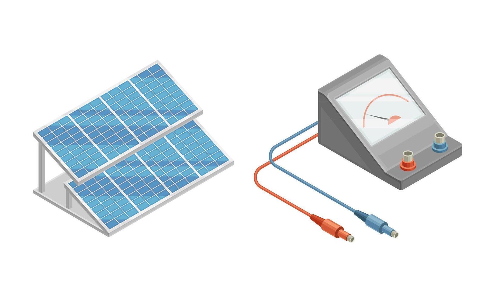 Electric power objects set. Solar panels and ammeter isometric illustration vector