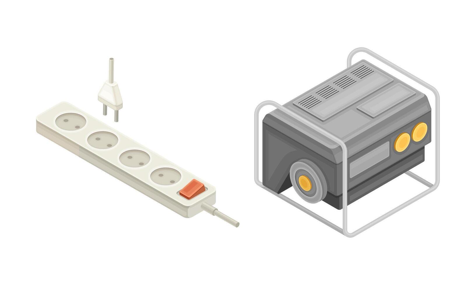 Electric power objects set. Generator, socket and plug isometric illustration vector