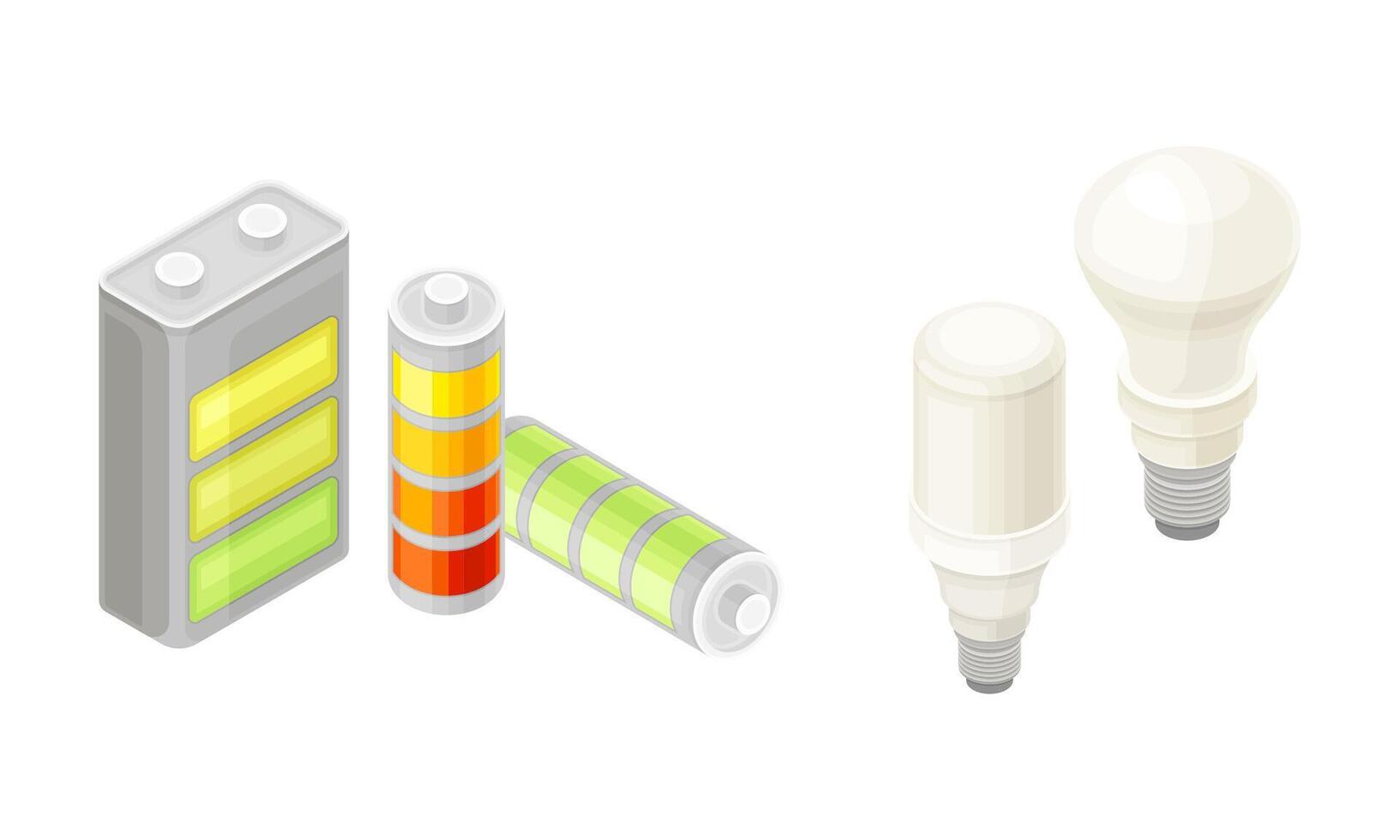 Electric power objects set. Battery, light bulbs and plug isometric illustration vector