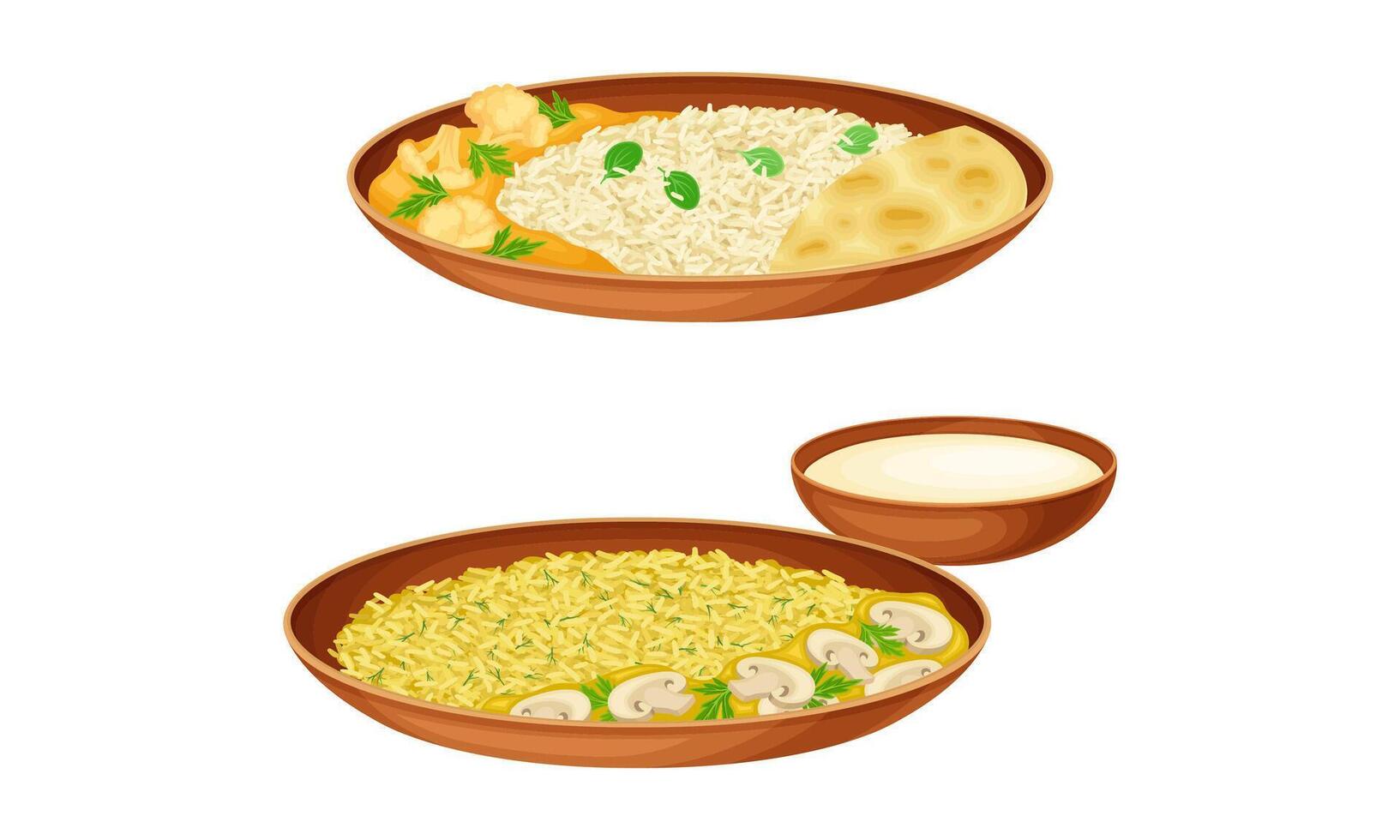Delicious traditional Asian cuisine dishes set. Rice with stewed mushrooms and vegetables illustration vector