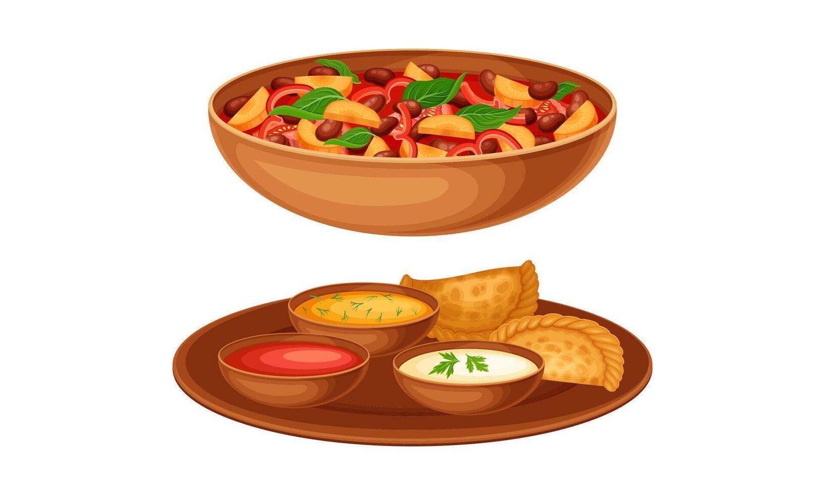 Delicious traditional Asian cuisine dishes set. Stewed vegetables and beans illustration vector
