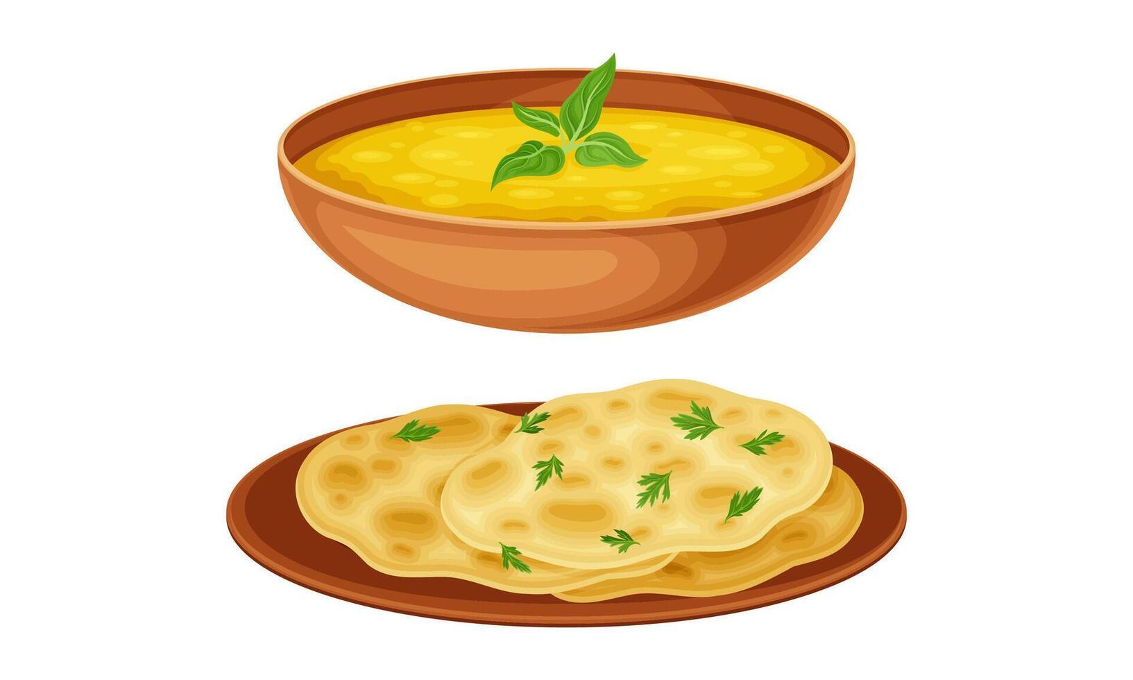 Delicious traditional Asian cuisine dishes set. Soup and pita bread illustration vector