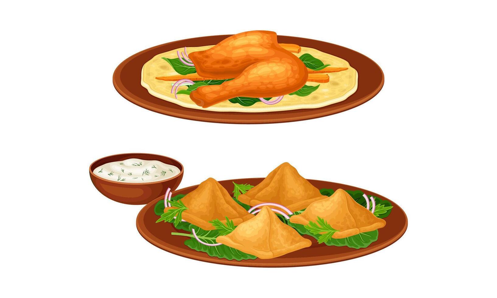 Delicious traditional Asian cuisine dishes set. Dumplings and fried drumsticks illustration vector
