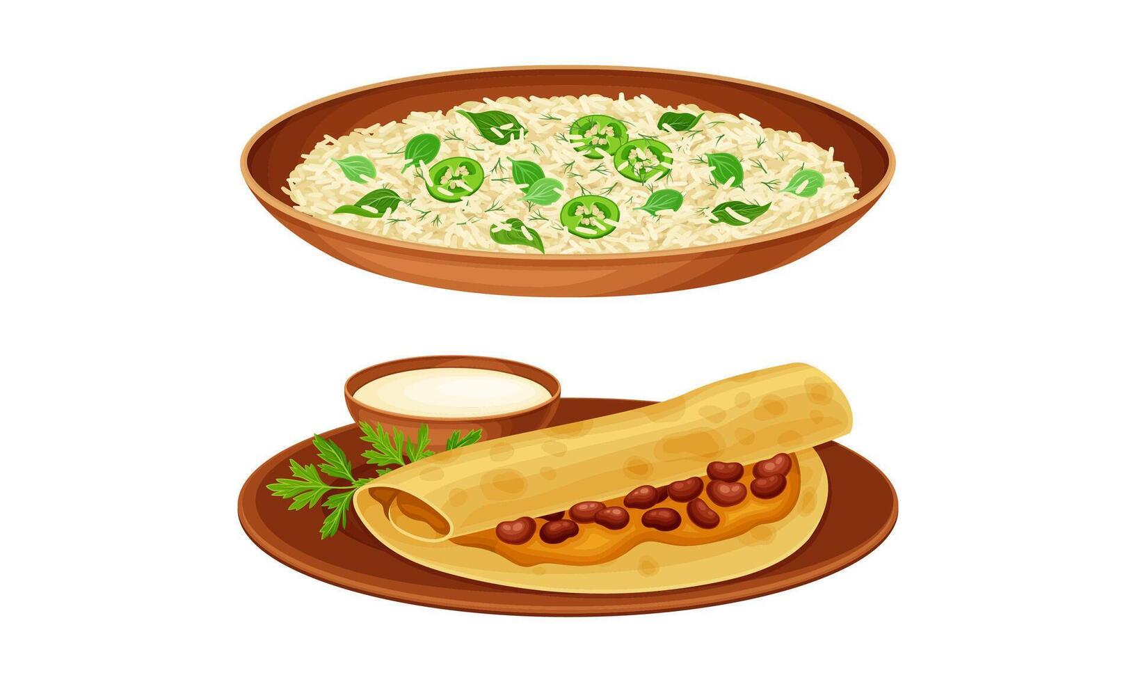 Delicious traditional Asian cuisine dishes set. Rice and pita bread with beans illustration vector