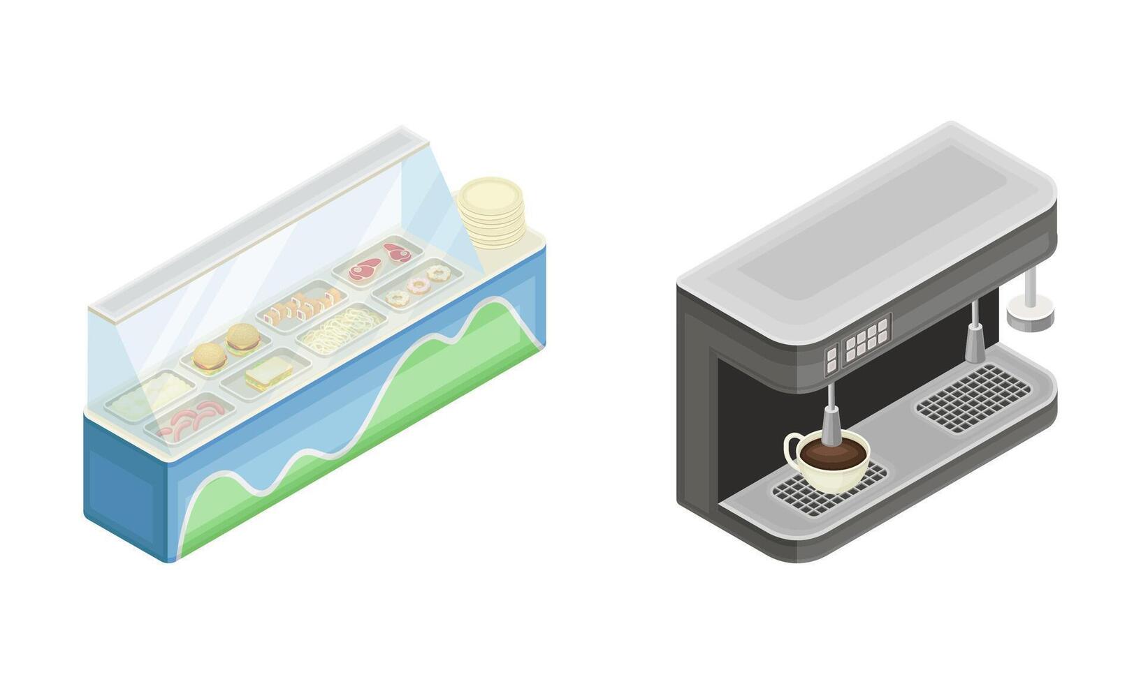 Fridge for ice cream with variety of flavors and coffee machine illustration vector