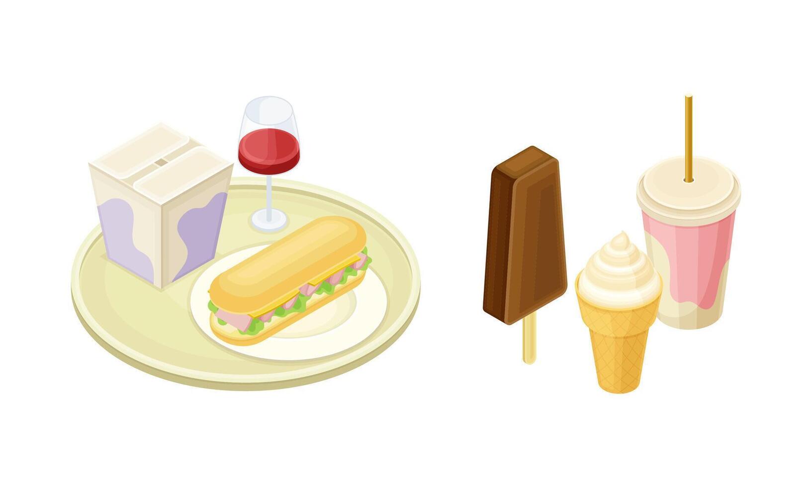 Street food set. Takeaway wok box, sandwich, glass of wine and ice cream illustration vector