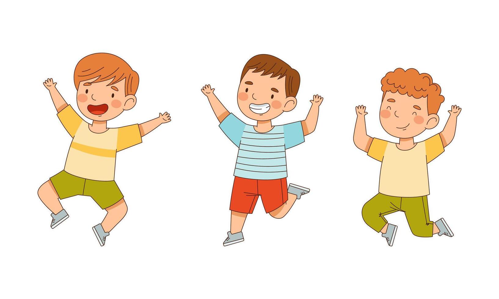 Joyful kids jumping together set. Cute boys having fun cartoon illustration vector