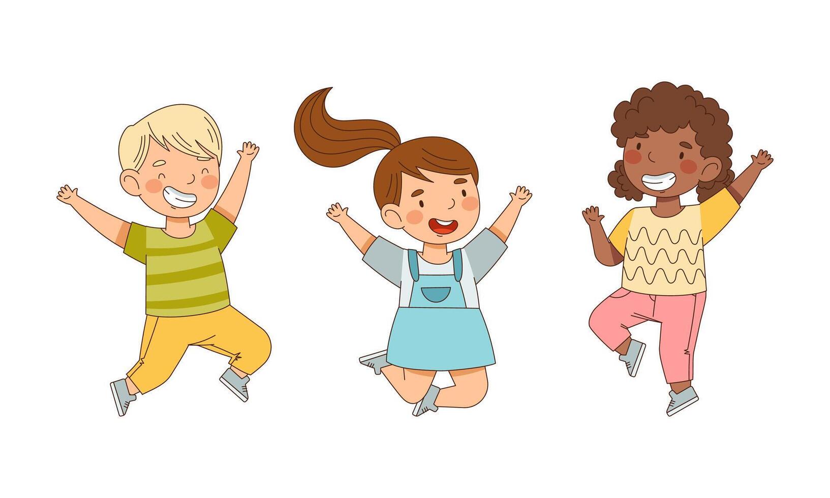 Joyful kids jumping together set. Cute smiling boys playing and having fun cartoon illustration vector