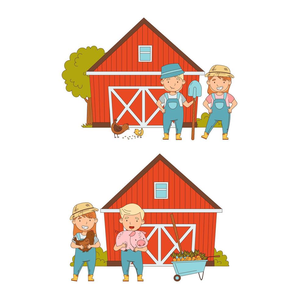 Cute kids working on farm set. Children gardening and caring for farm animals cartoon illustration vector