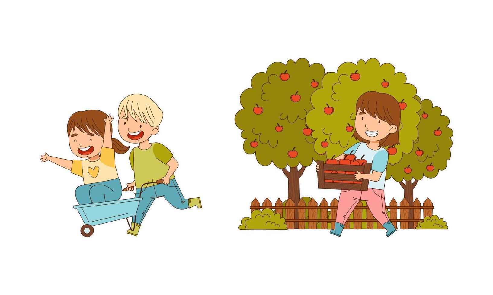 Cute kids working on farm set. Children harvesting apples cartoon illustration vector