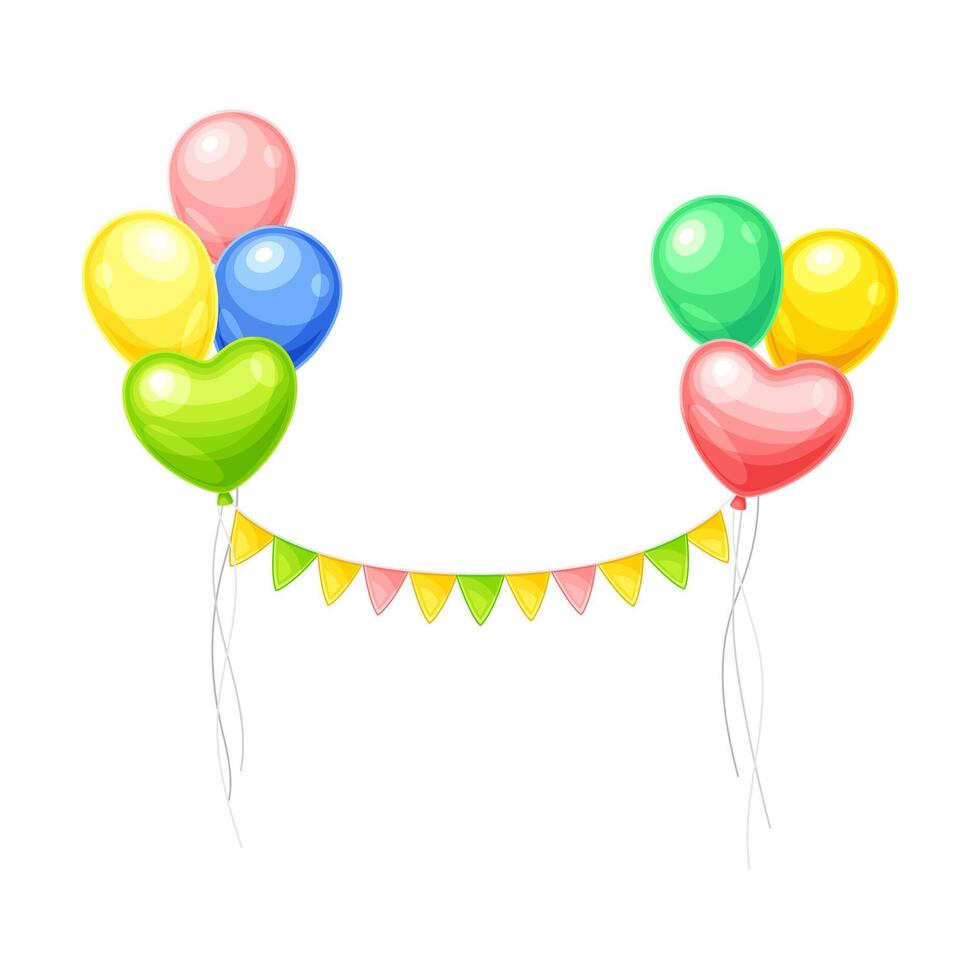 Bunch of colorful balloons and party flags. Birthday party, holidays decoration. Flying balloons with rope illustration vector