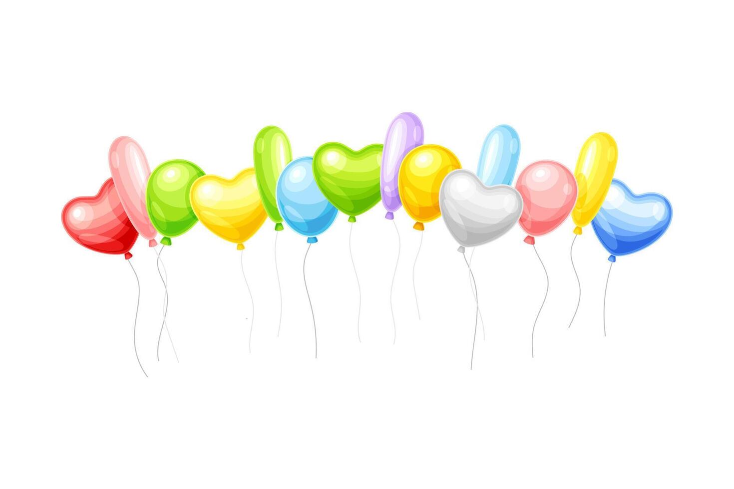 Colorful balloons for birthday party, holidays decoration. Flying balloons with rope illustration vector