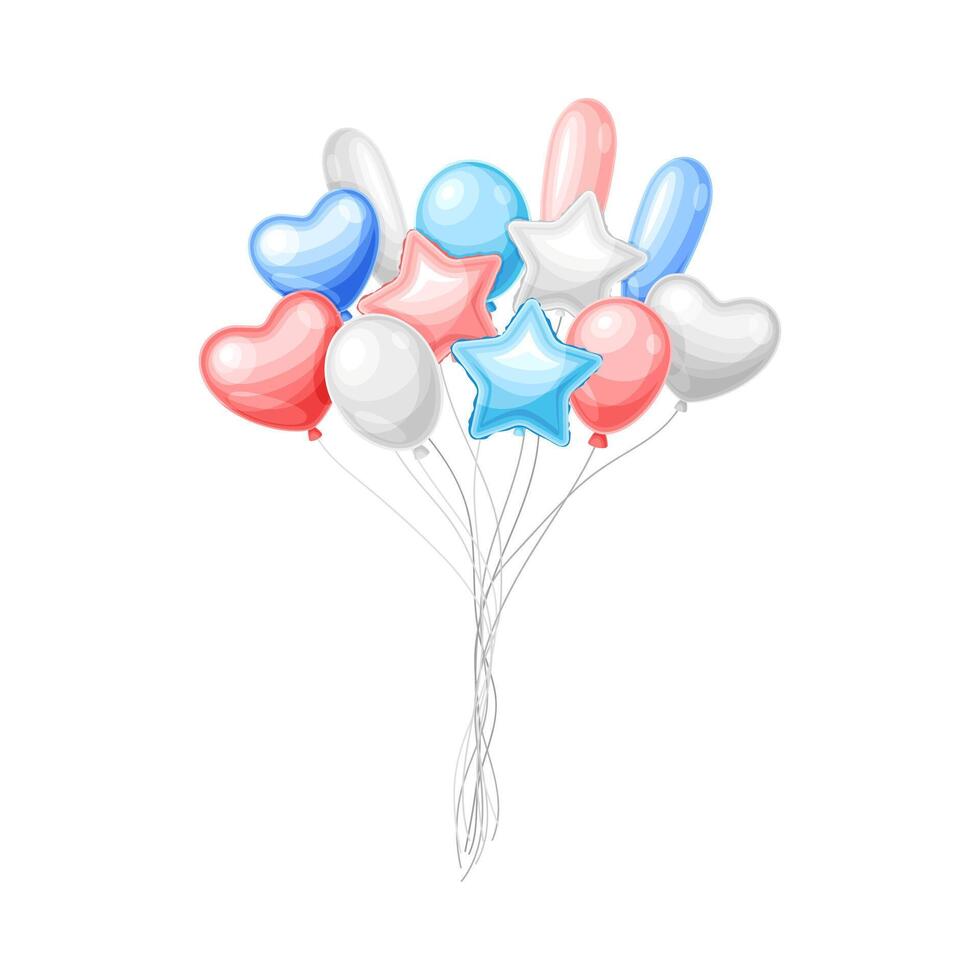 Bunch of shiny red, blue and white balloons of various shapes. Happy holidays decor illustration vector