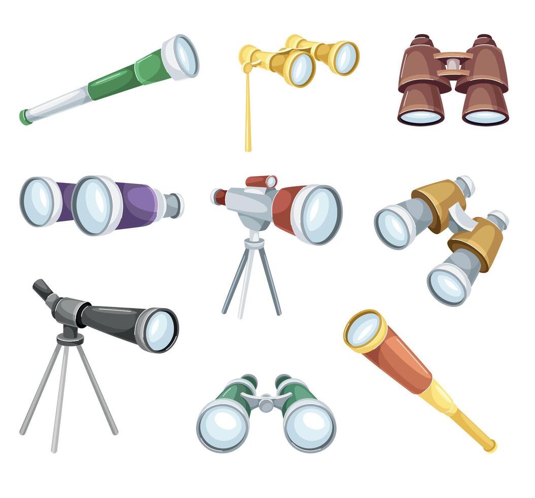 Optical instruments for viewing distant objects set. Telescope, binoculars, opera glasses, spyglass illustration vector