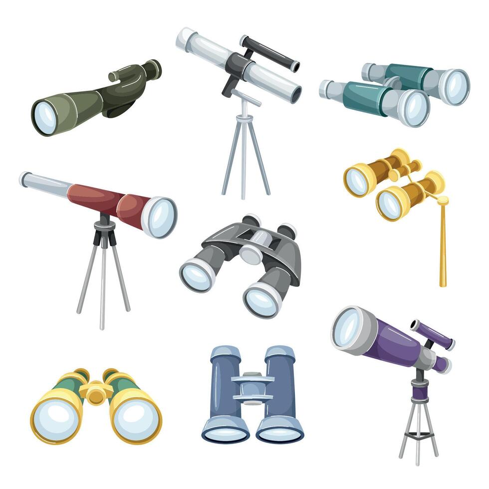 Optical equipment set. Telescope, binoculars, opera glasses, spyglass illustration vector