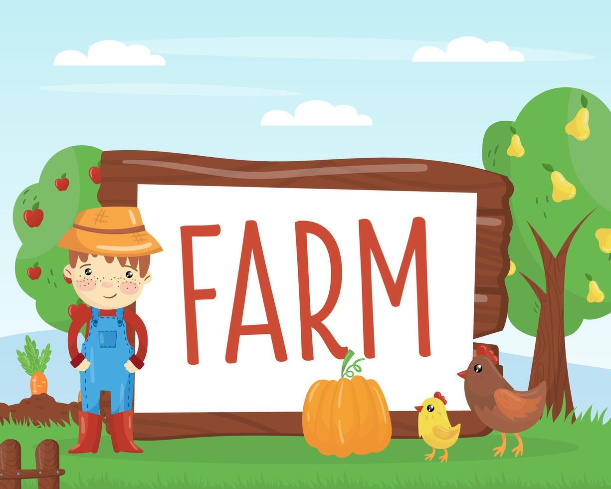 Cute boy farmer with banner, farm animals and vegetables illustration vector