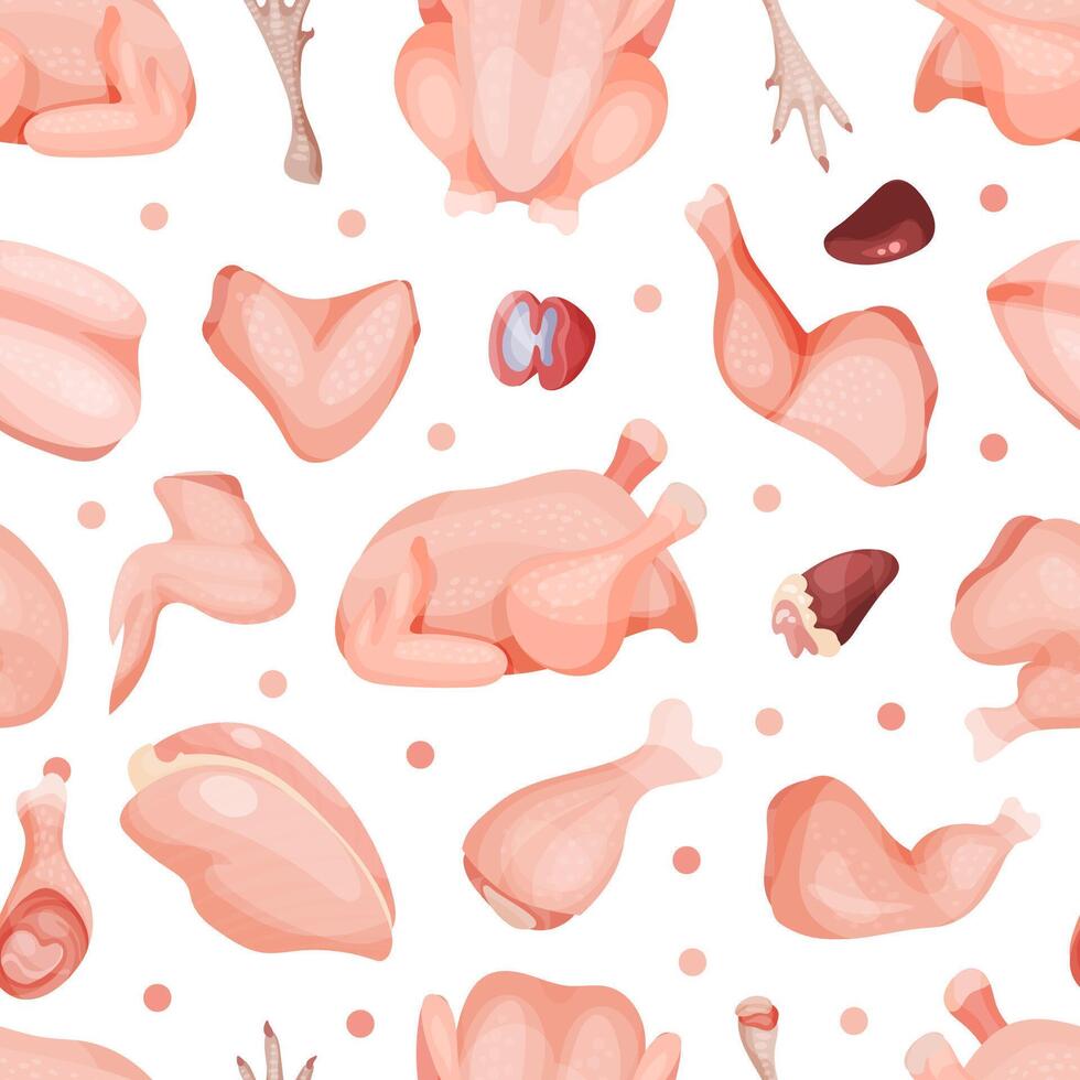 Fresh raw chicken meat seamless pattern. Organic meat products endless background illustration vector