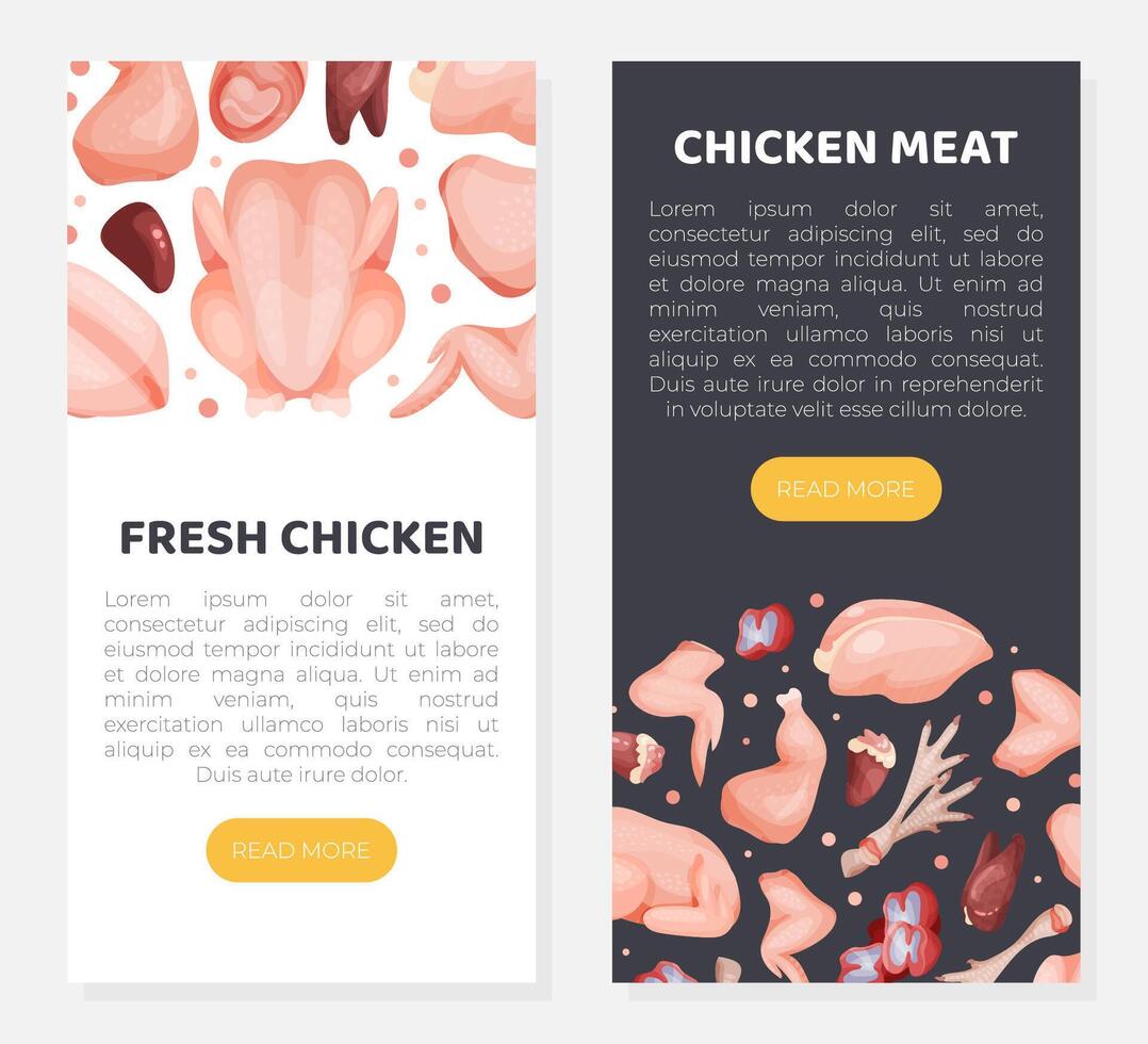 Premium quality chicken meat mobile app page. Organic fresh meat assortment of butchery shop, farm market, online store website, landing page design illustration vector