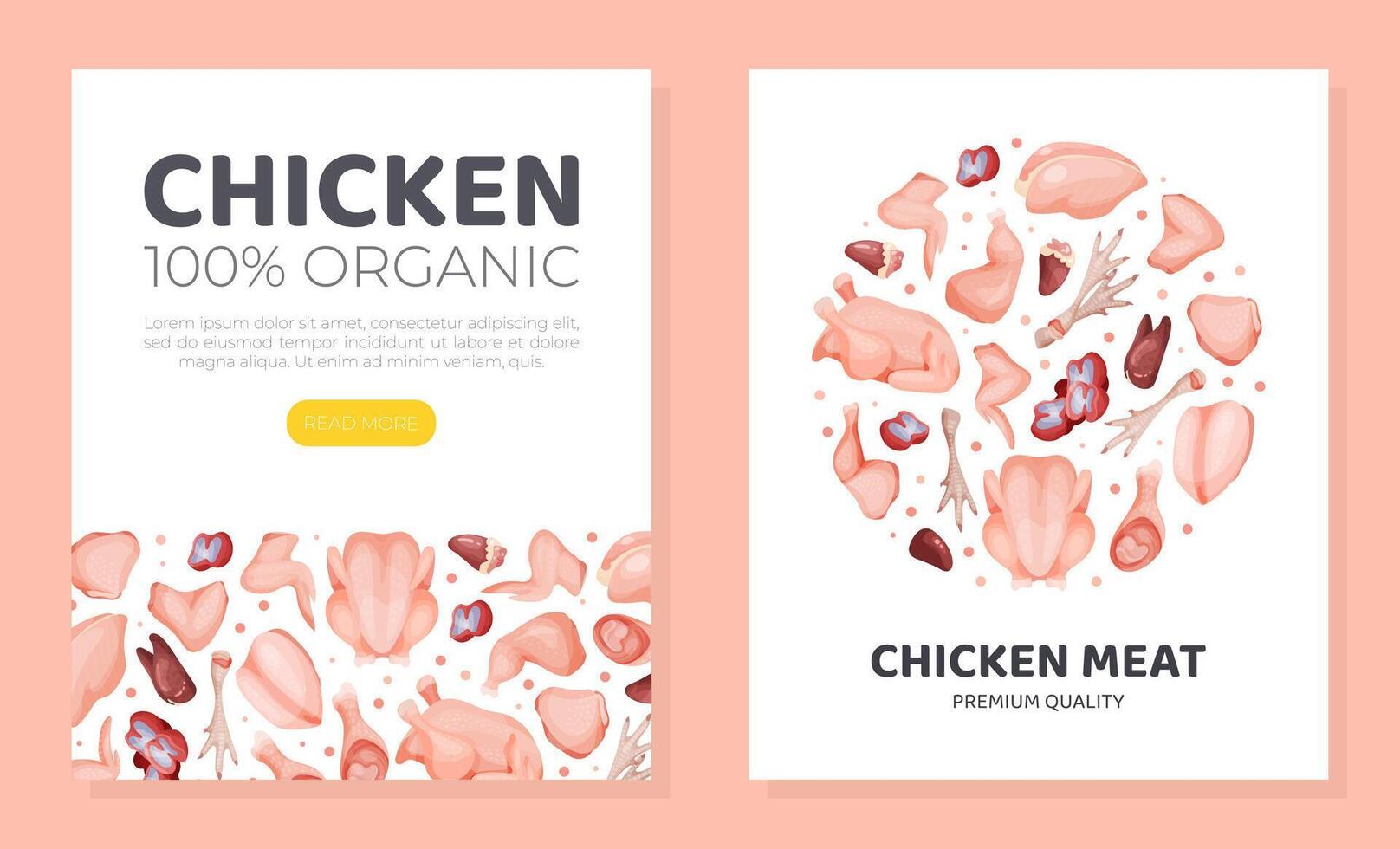 Premium quality chicken meat landing page template. Organic fresh meat assortment of butchery shop, online store website, mobile app design illustration vector