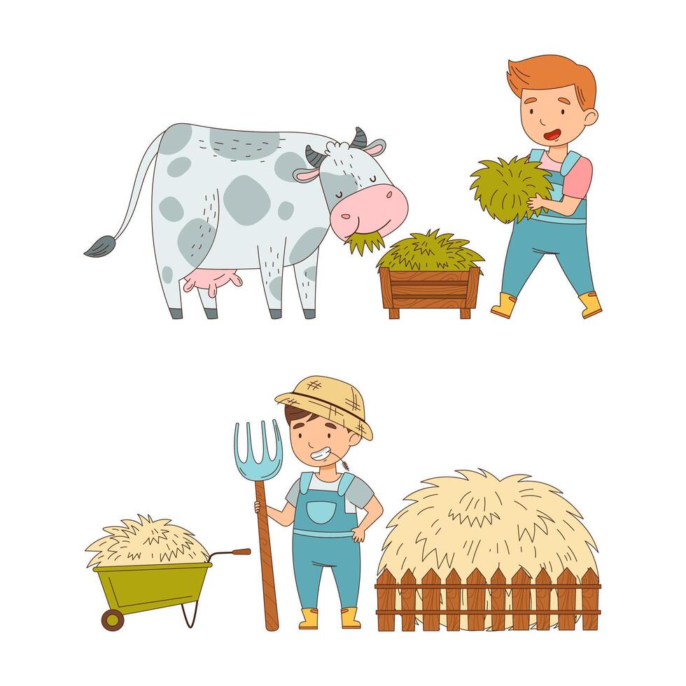 Cute kids working on farm set. Boys feeding cow with fresh green grass and gathering hay in stack with pitchfork cartoon illustration vector