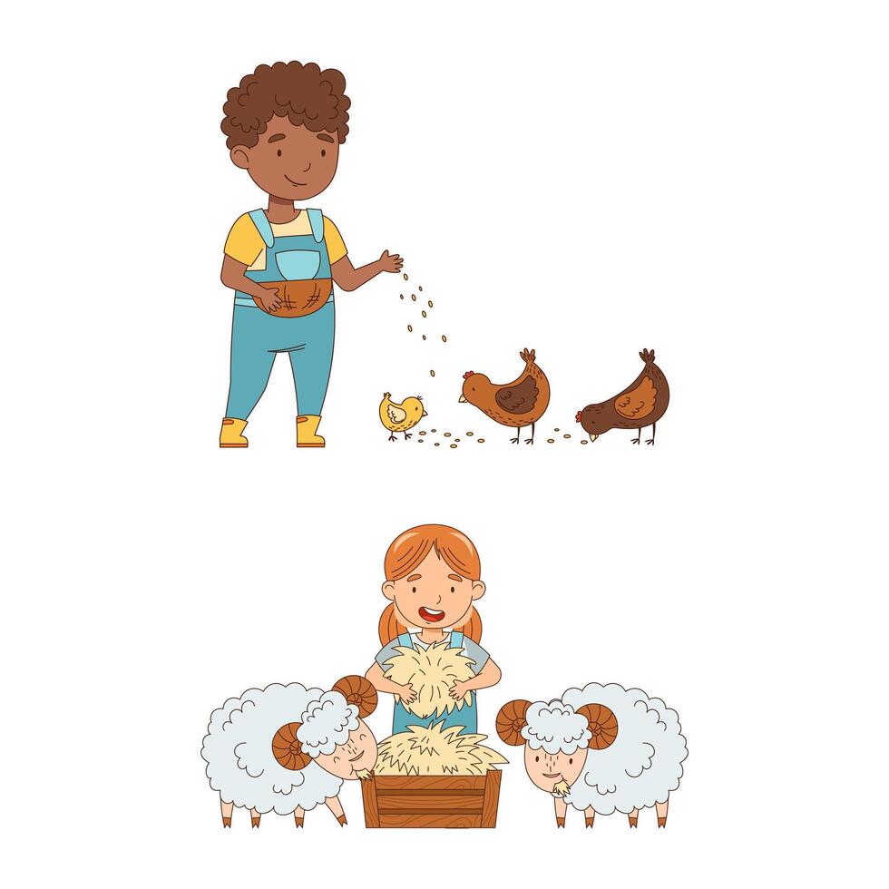 Cute kids working on farm set. Children feed chickens and sheep cartoon illustration vector