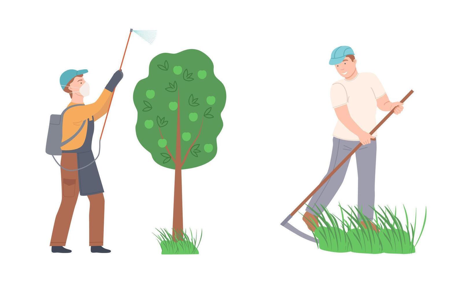 Farmers doing various works on farm. Agricultural workers spraying pesticides and mowing grass cartoon illustration vector