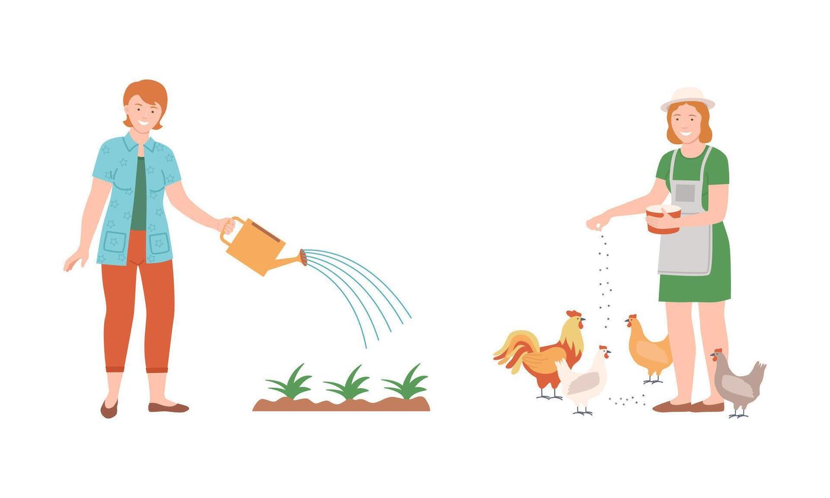 Farmers doing various works on farm. Agricultural workers farmer watering plants and feeding chickens cartoon illustration vector