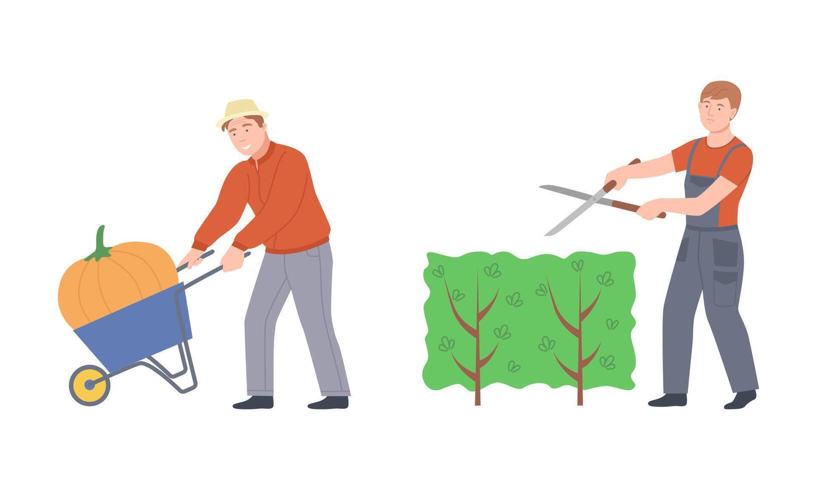 Farmers doing various works on farm. Agricultural workers harvesting pumpkins and cutting hedge cartoon illustration vector
