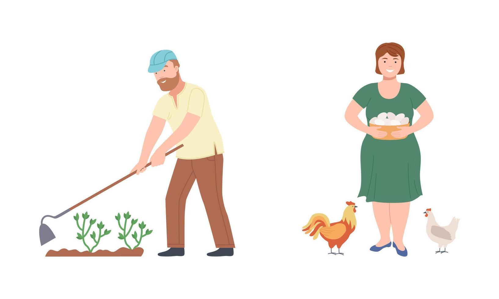 Farmers doing various works on farm. Agricultural workers working on field and feeding poultry birds cartoon illustration vector