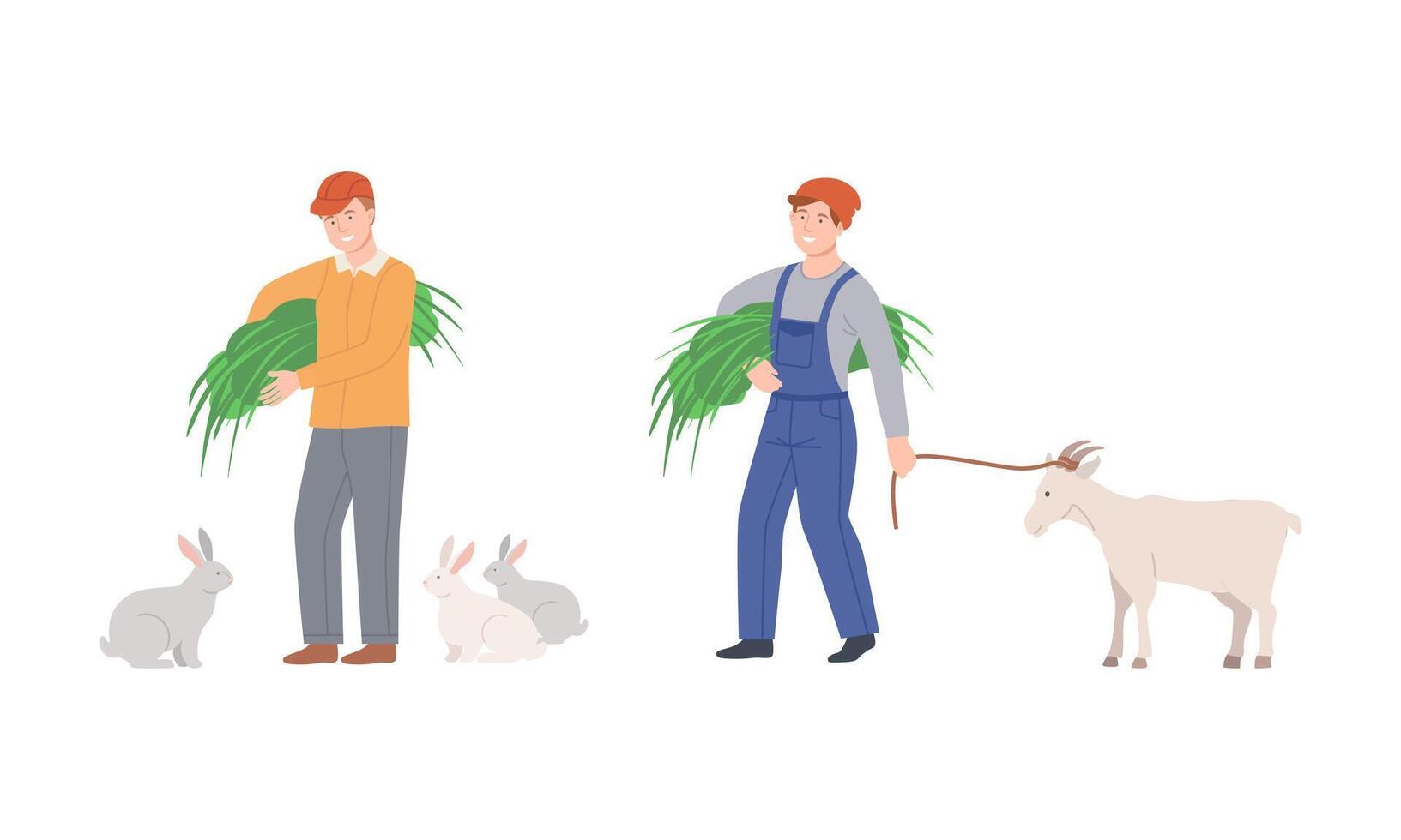 Farmers doing various works on farm. Agricultural workers feeding farm animals cartoon illustration vector