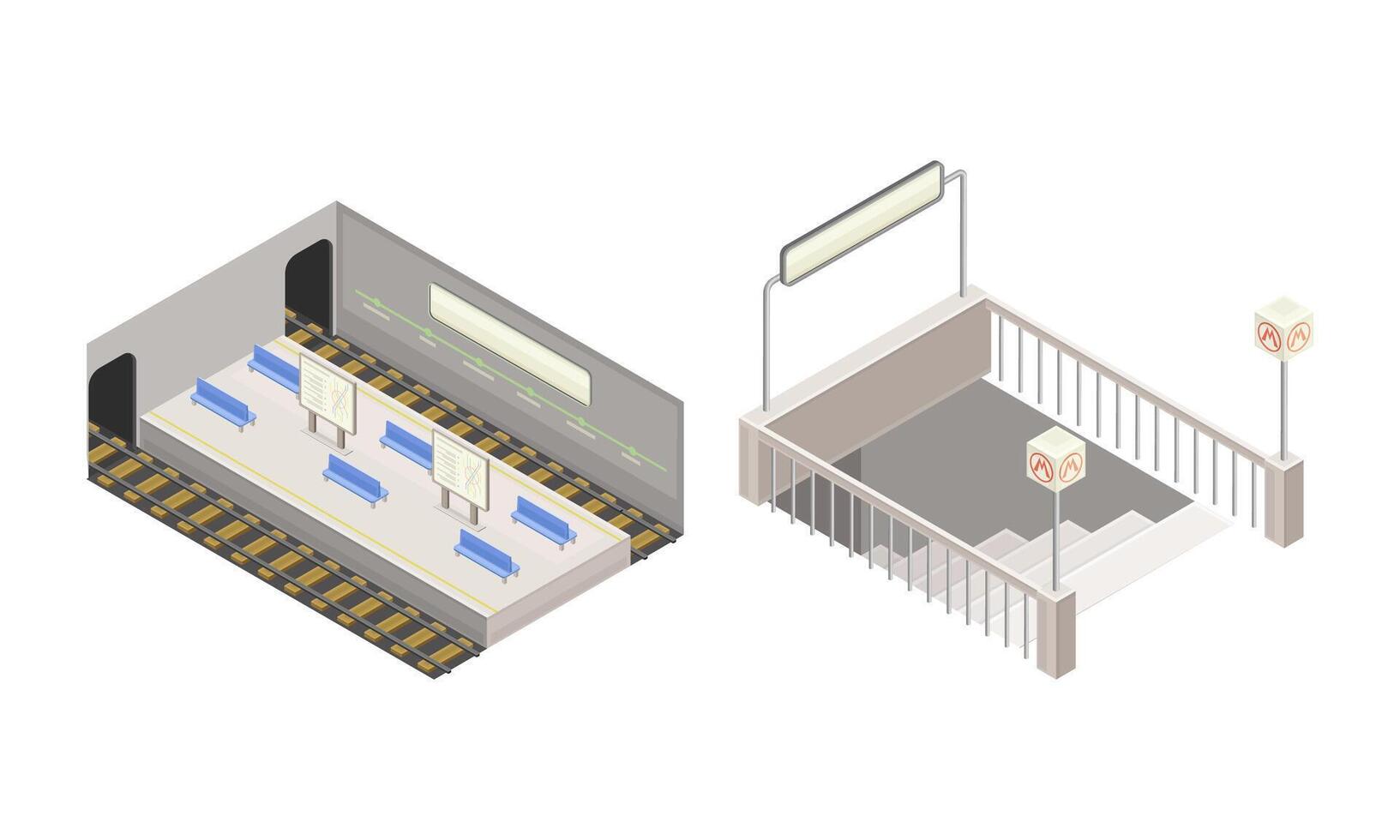 Subway station elements set. Subway platform and entrance. Modern railway transport concept isometric illustration vector
