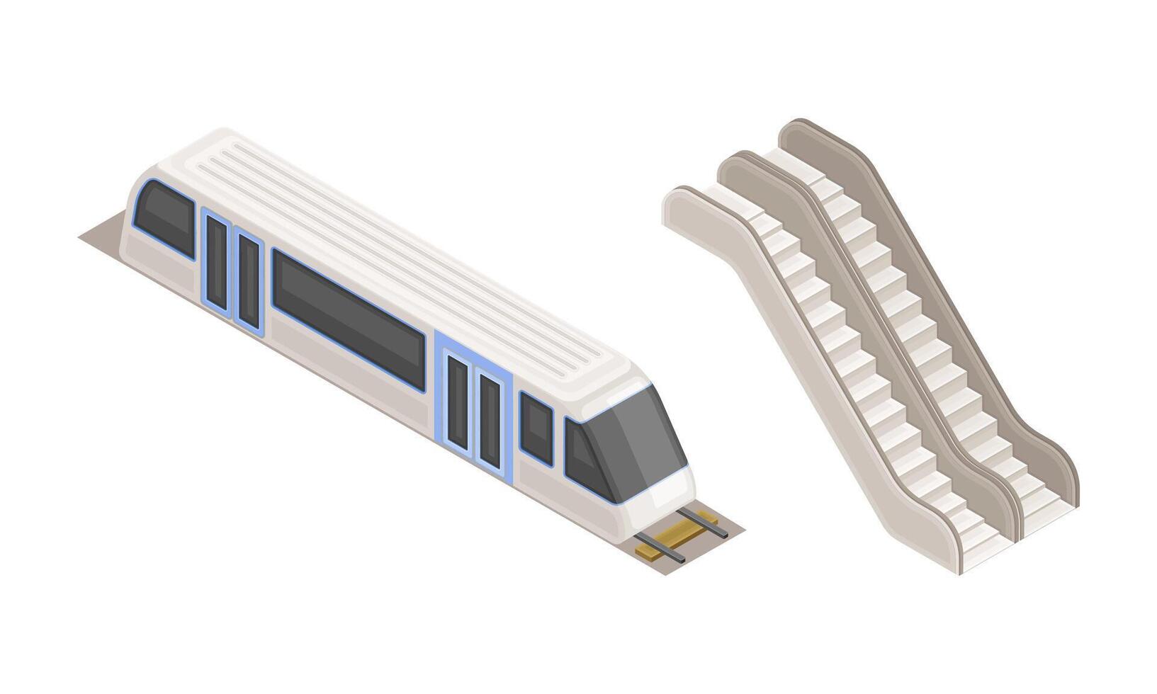 Subway station elements set. Train and escalator. Modern railway transport concept isometric illustration vector
