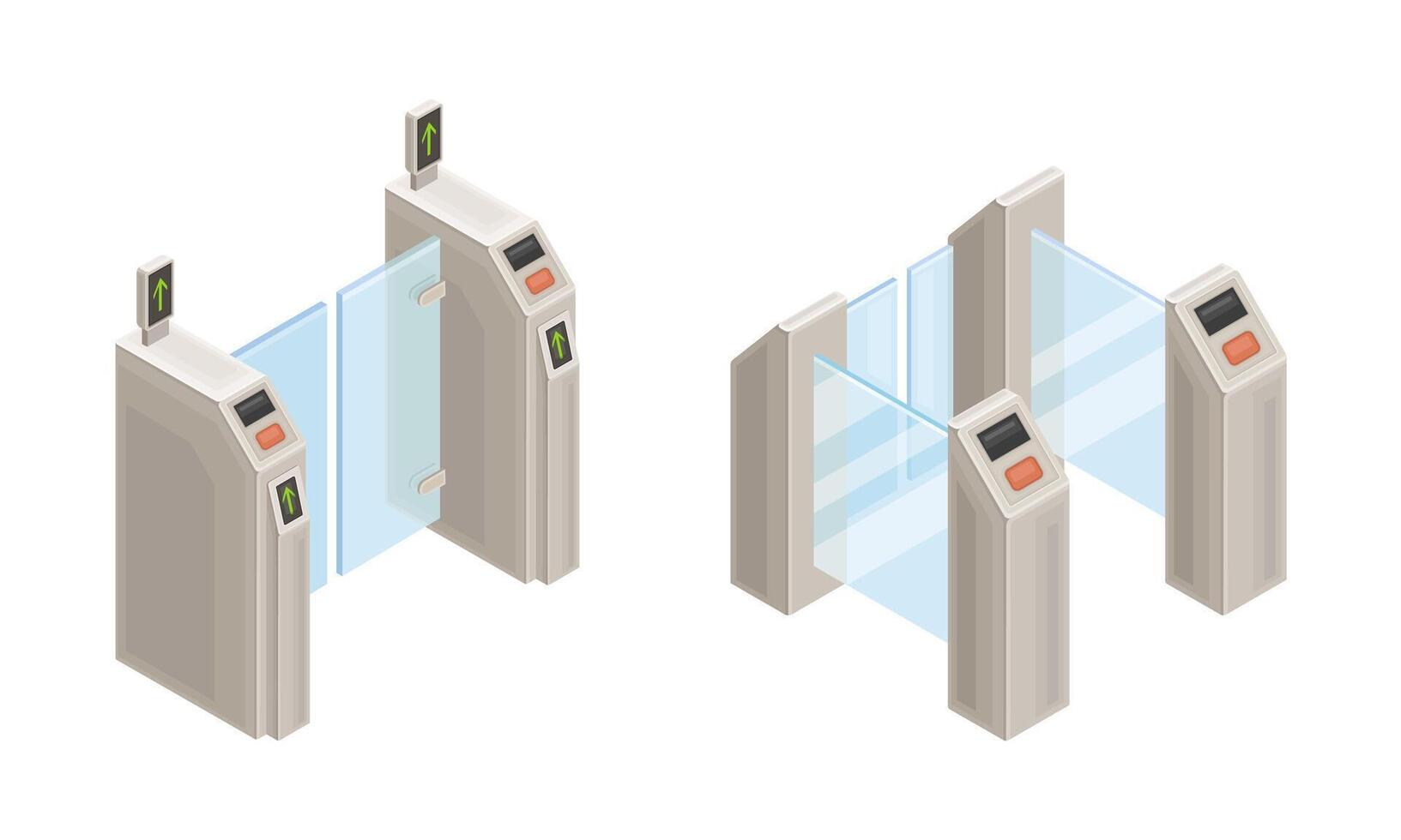 Subway station elements set. Entrance gates. Modern railway transport concept isometric illustration vector