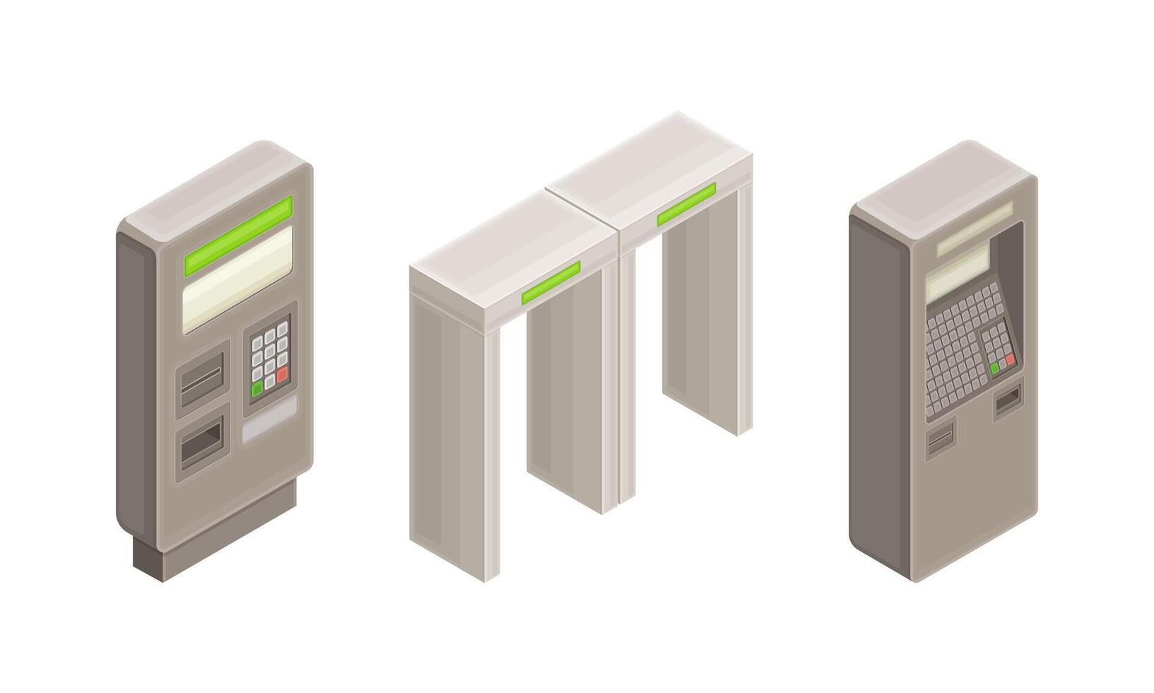 Subway station elements set. Entrance gate and ticket vending machines. Modern railway transport concept isometric illustration vector